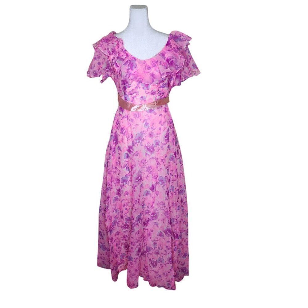 Vintage 70s Flutter Sleeve Empire Waist Maxi Dress Floral Womens M Pink